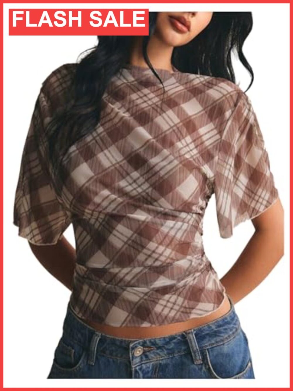 Plaid Mesh Sheer Short Sleeve Boat Neck Crop Top Blouse